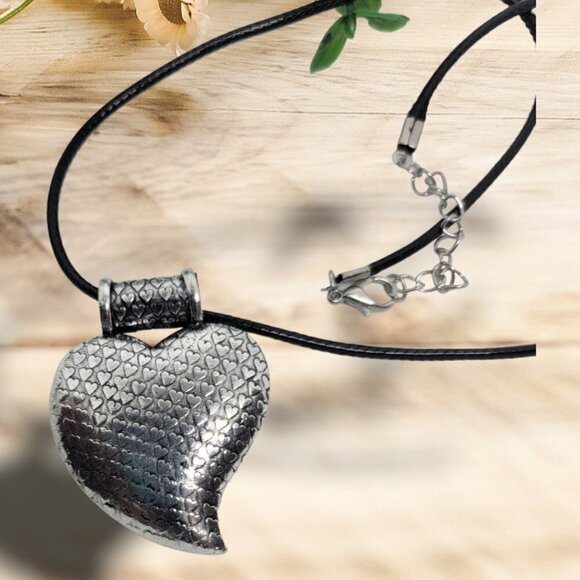Silver Heart Pendant Necklace with a Black Satin Finish Cord  -NWOT - Picture 2 of 3
